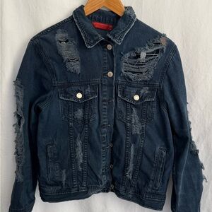 Signature 8 Distressed Dark Blue Denim Jacket - Button Front